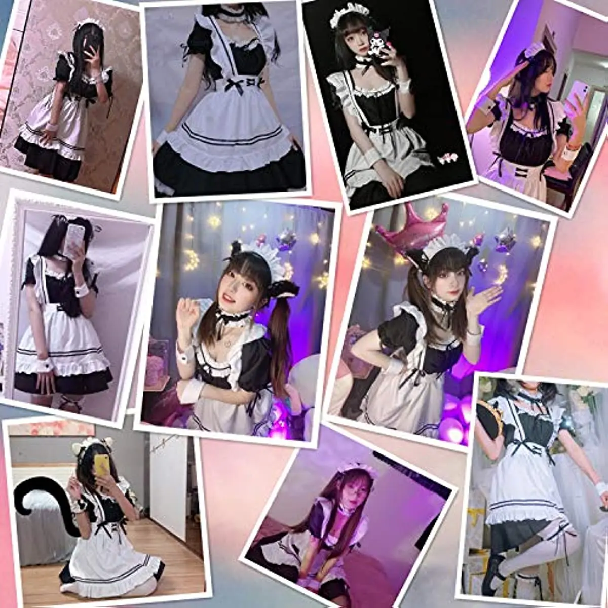 Anime French Maid Apron Lolita Fancy Dress Cosplay Costume Furry Cat Ear Gloves Socks Set