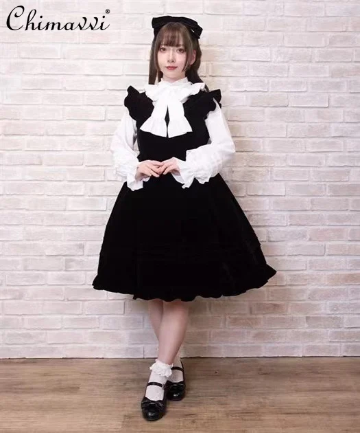 Japanese Mine Series Mass-produced Series Lolita Dress Autumn Winter New Sweet Soft Cute Fungus Edge Velvet Strap Dress Women