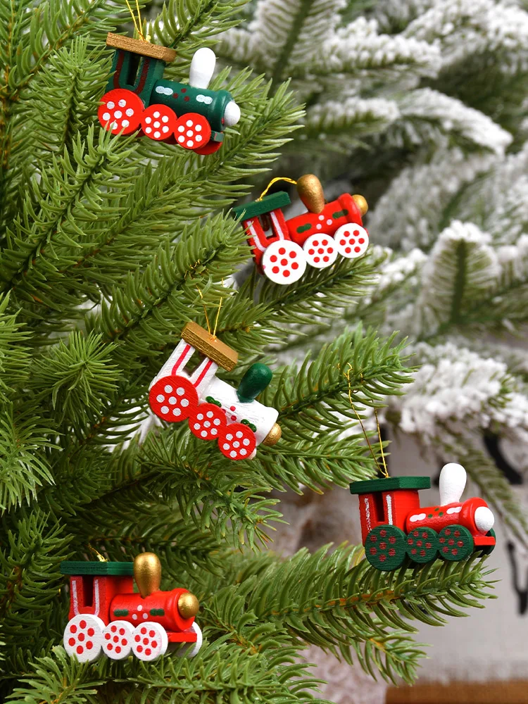 

Christmas decorations, wooden colorful train pendants