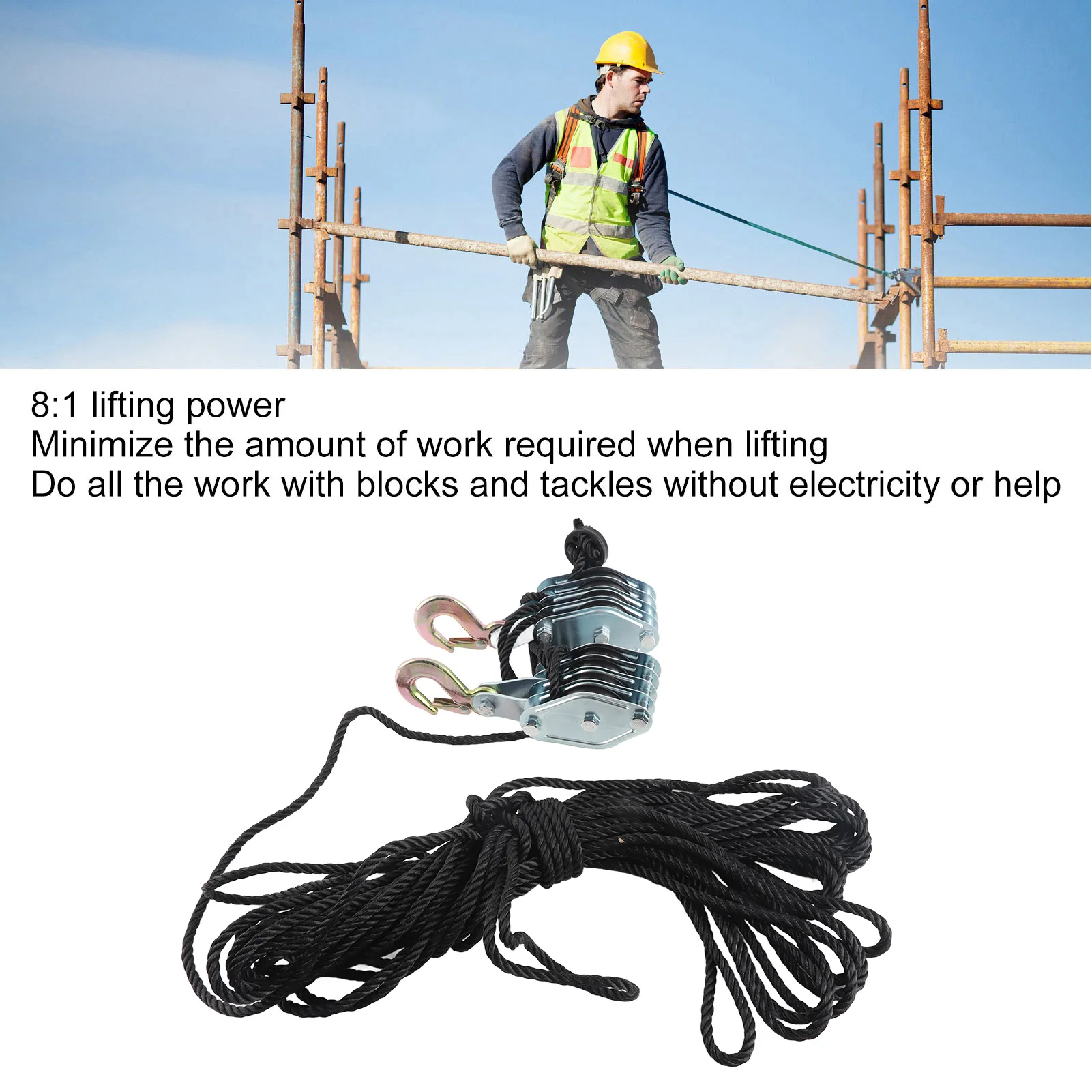 Rope Hoist Pulley System 4400lb 8:1 Ratio Lifting Power Heavy Duty Block Tackle Alloy steel for Lifting Heavy Objects