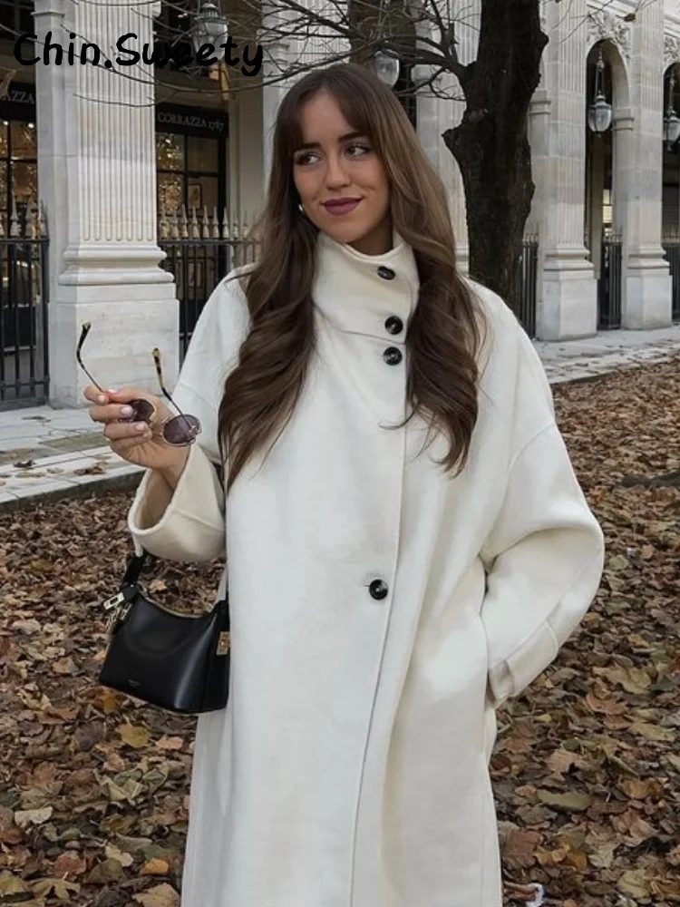Abrigo largo de lana con cuello levantado para mujer, abrigo holgado de manga larga con bolsillos y una botonadura, prendas de vestir para Otoño e Invierno 2025