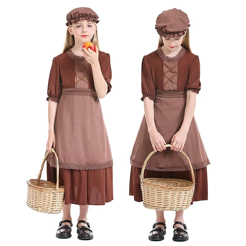 

Kids Child Victorian Poor Girl Costume Colonial Village Peasant Girls Dress Brown Halloween Carnival Stage Book Day Fantasia