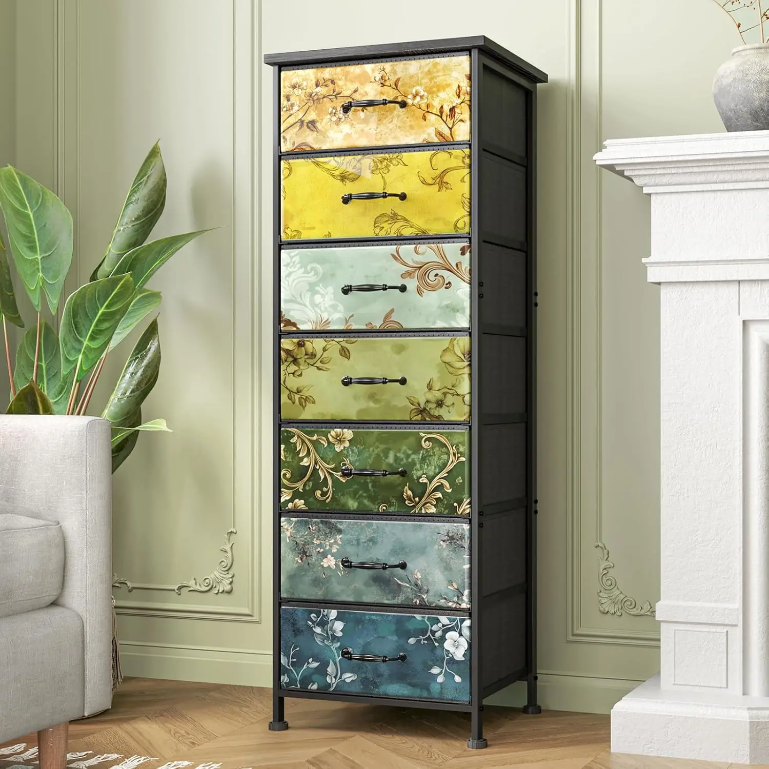 

Vintage Flower Tall Dresser for Bedroom, Storage Dresser Organizer with 7 Fabric Drawers, Nightstand Furniture in Closet, Ent