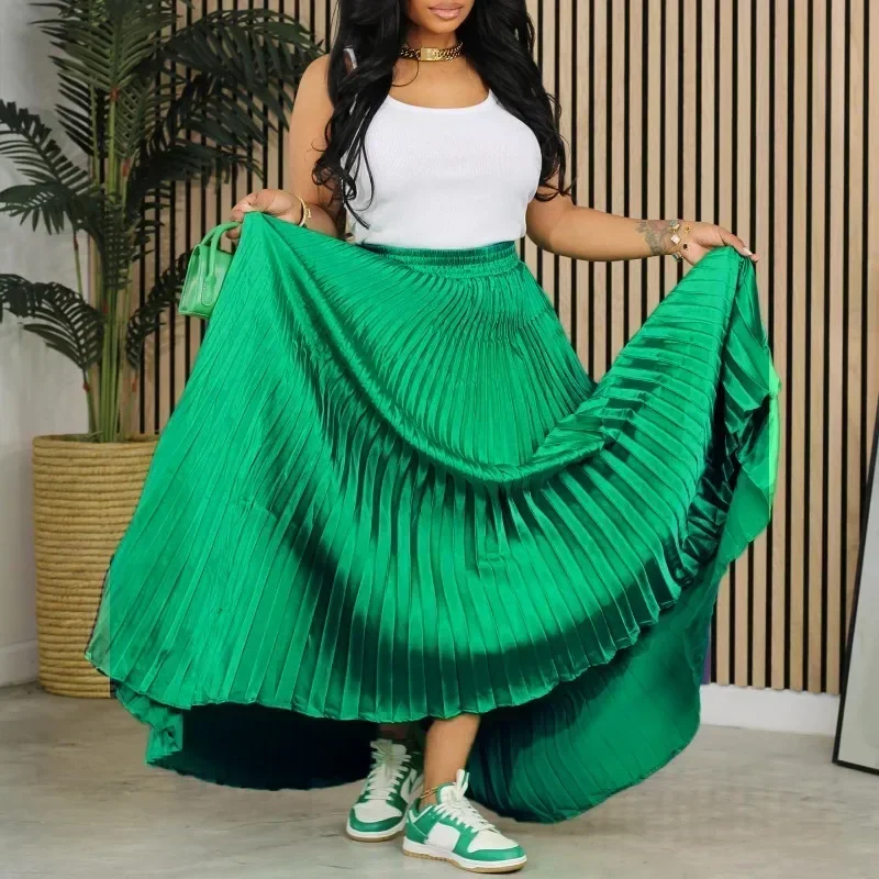 تخصيص النساء التنانير بلون مرونة الخصر سستة يطير فستان الحفلات Vestidos شارع العليا فضفاض مطوي حزام الخريف الكاحل Le #5