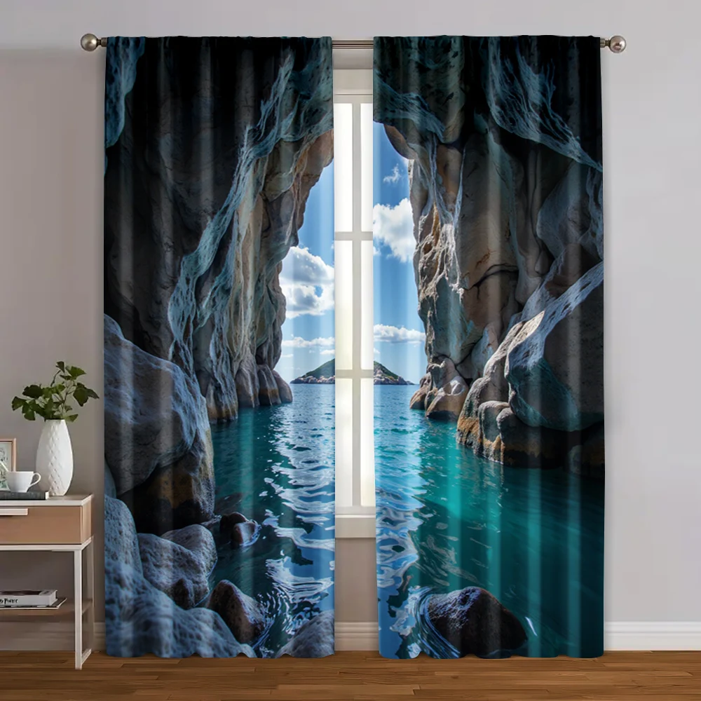 2pcs, Curtain Fabric Beach cave, rocky archway Versatile Polyester Fabric (without rod) Stuff Clearance Ldeal for Home & Office