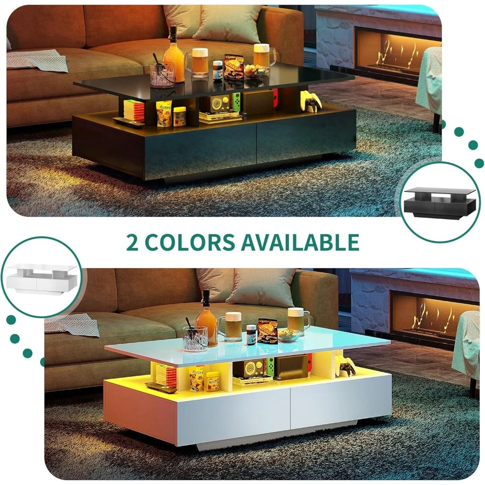 Coffee Table W Storage, High Glossy LED Coffee Tables for, Modern Rectangle Coffe Table,  Table W Open Display Shelf &  Drawers