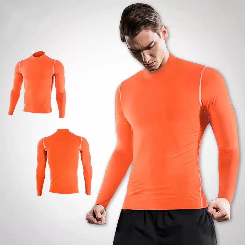 Men Turtleneck Running Long Base T Shirt Fitness Sport Basketball Football Gym Hiking Trainning Compression Tops Bottom Clothes