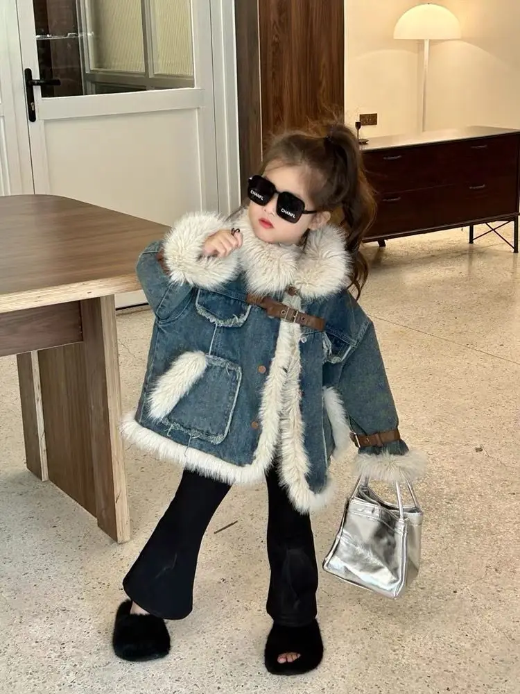 Girls Blue Fur Coat Autumn and Winter 2024 New Korean Version Children Fashion Cashmere Girls Denim Clothes Warm Jacket