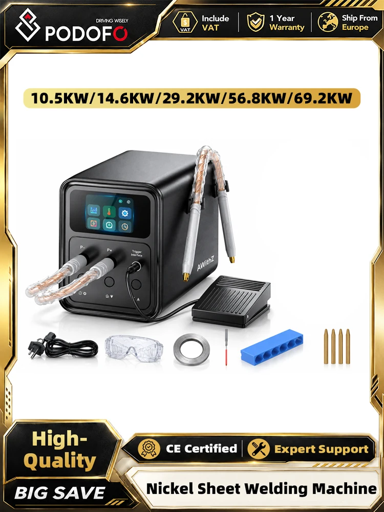 Podofo 10,5 kW/14,6 kW/29,2 kW/56,8 kW/69,2 kW Super-Farad-Kondensator-Punktschweißgerät, 2,4-Zoll-LCD, 999 Leistungsstufen, tragbares Batterie-Punktschweißgerät für 2,0 mm Nickel, Stahl, Eisen und