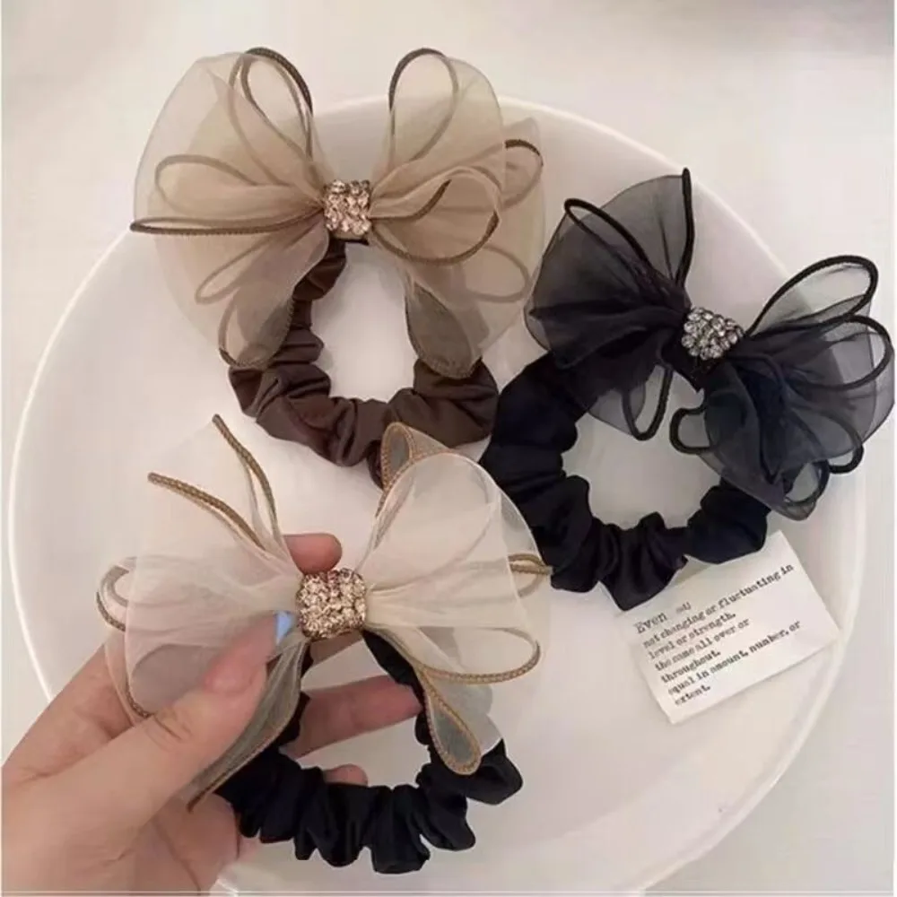 New Mesh Rhinestone Bow Hair Ties Scrunchies Women Girls Elastic Hair Bands Headwear Ribbon Bowknot Ponytail Hair Accessories
