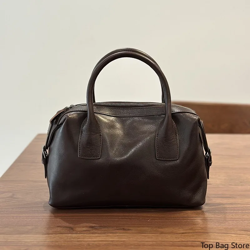 Genuine Leather Boston Bag for Women Vegetable Tanned Handbag Logo-Free Minimalist Quiet Luxury Vintage Retro