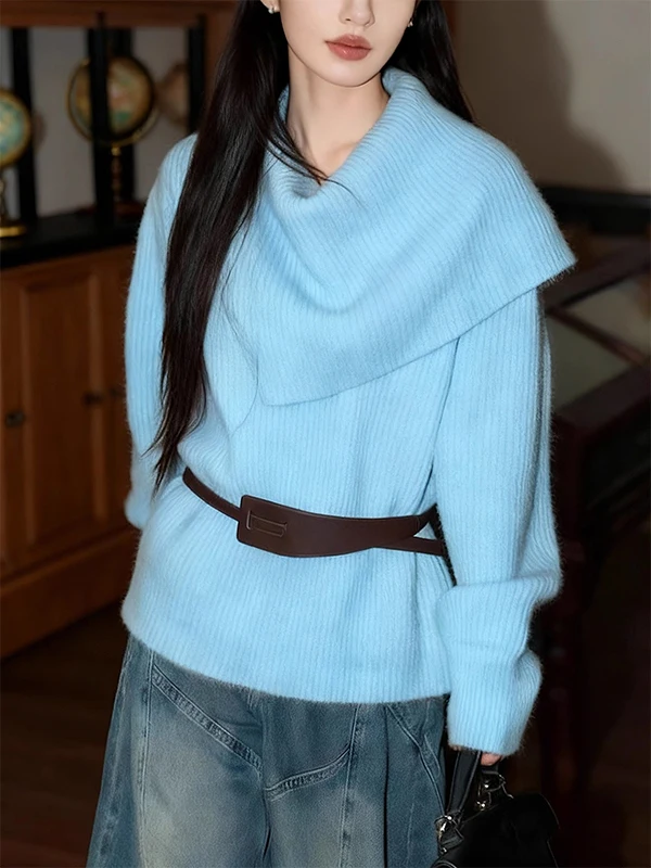 

Blue Open-oulder Loose Sweater Women's Autumn Winter Ele Soft Rich Girl Unique Beautiful Age-Defng Top Korean Sle