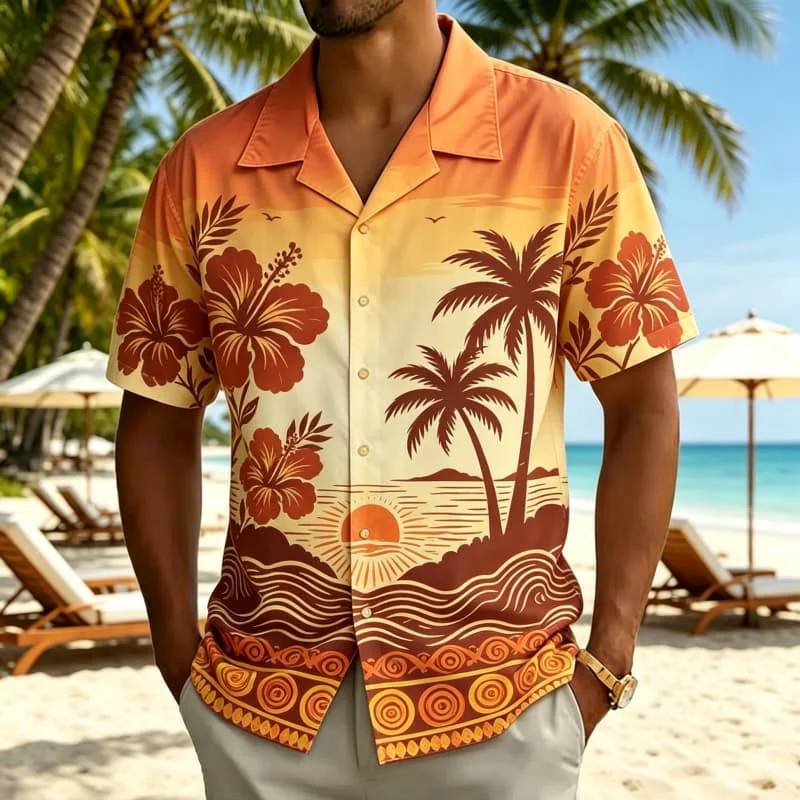 Men's Sunset and Tropical Landscape Print Hawaiian Shirt， for Summer Beach, Casual Outings, Pool Parties & Weekend Getaways