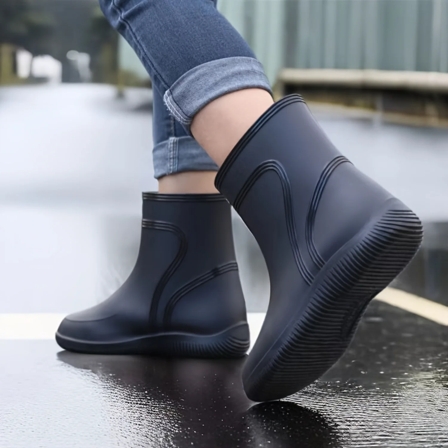 Men's Trendy Solid PVC Rain Boots, Non-slip Durable Waterproof Comfy Slip On Rain Shoes For Outdoor Working Fishing