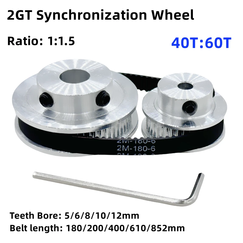 GT2 Synchronous Wheel 40T 60 Teeth 5-12mm Bore Reductio Ratio 1:1.5 Timing Pulleys with Length 200mm Width 6/10mm Belt Allen Key