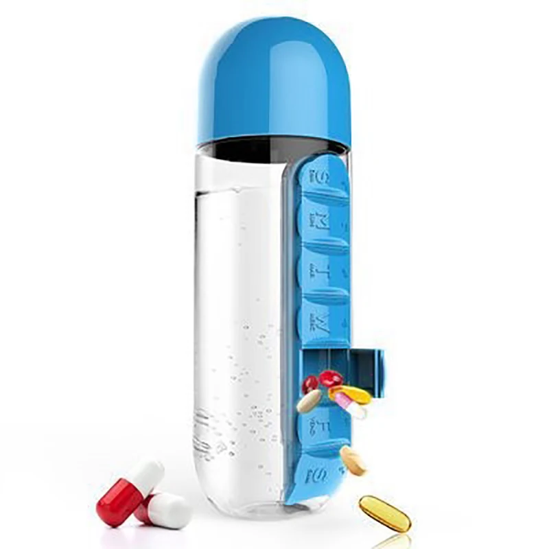 Portable Water Bottle With Built-in Pill Box For Medicines, Vitamins, Perfect For Outdoor, Gym, Fitness, Camping And Traveling