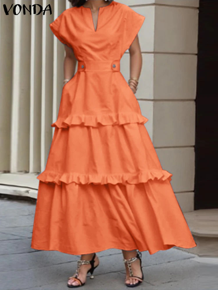 

VONDA Women Summer Dress 2025 Solid Color Sundress Beach V-Neck Ruffled Vestidos Bohemian Casual Loose Robe Oversized