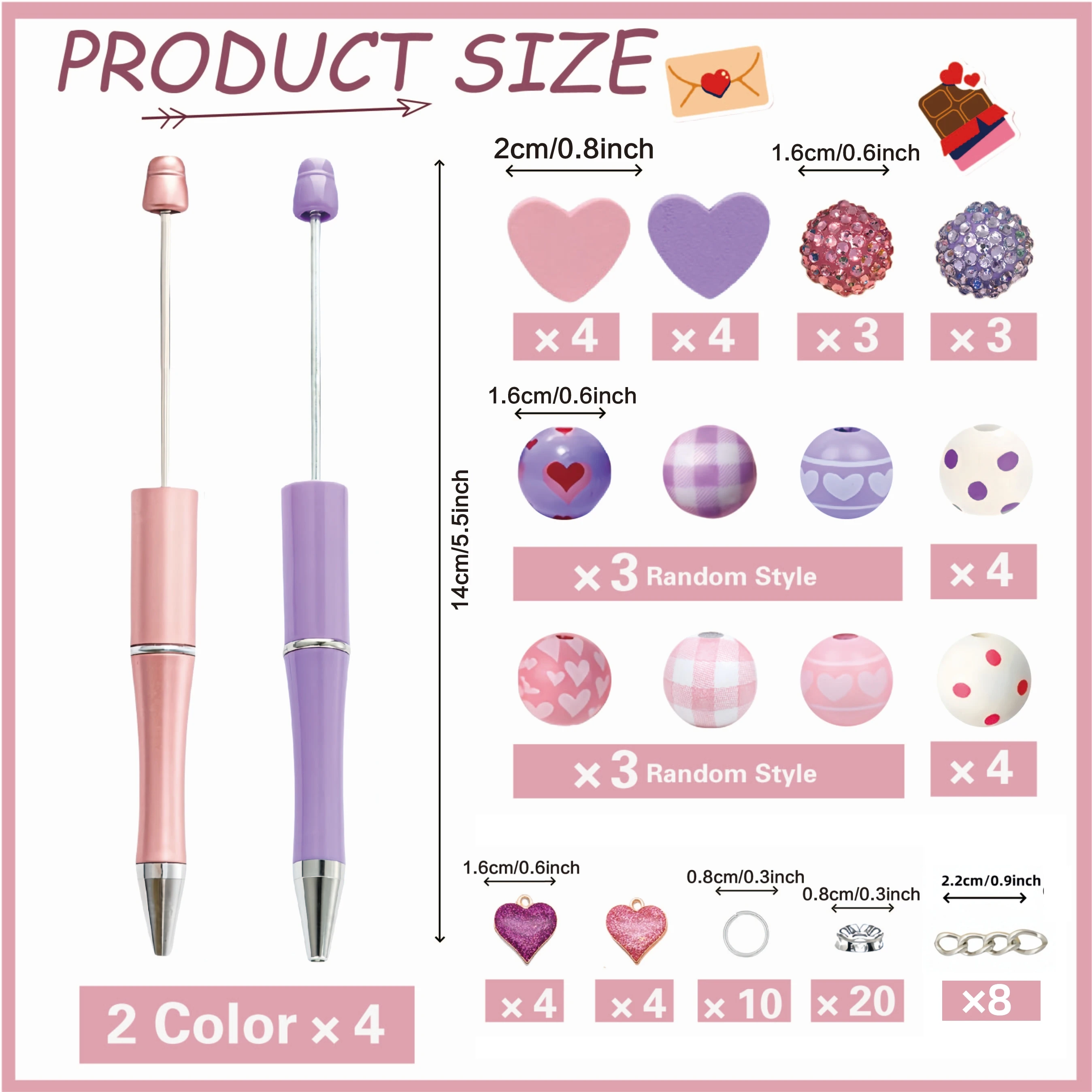 8PCS Pink Purple Love Valentine's Day Theme DIY Beaded Ballpoint Pen, Wood Bead, and Alloy Pendant Set,Office&Study Supply