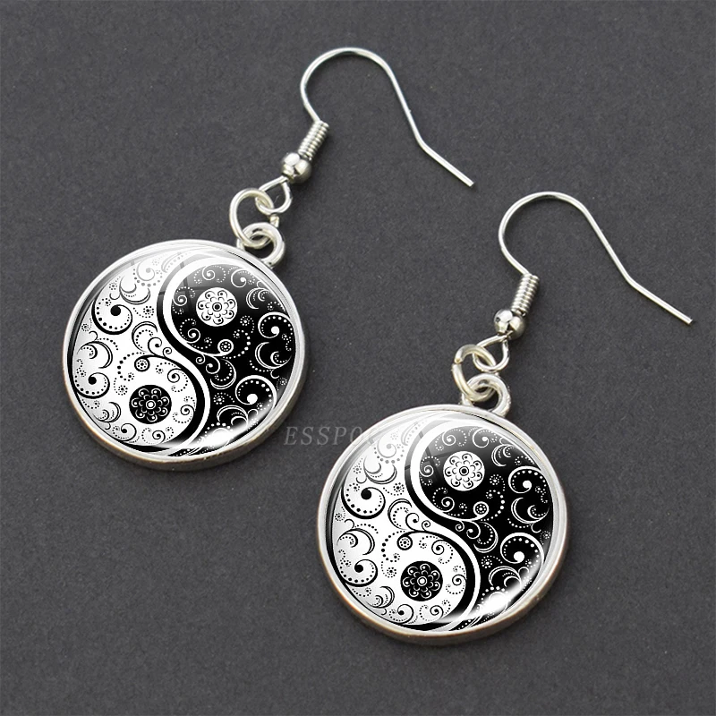 Yin Yang Flower Dangle Earings 12mm Cabochon Glass Women Fashion Drop Earrings Handmade Yin Yang Jewelry Accessories