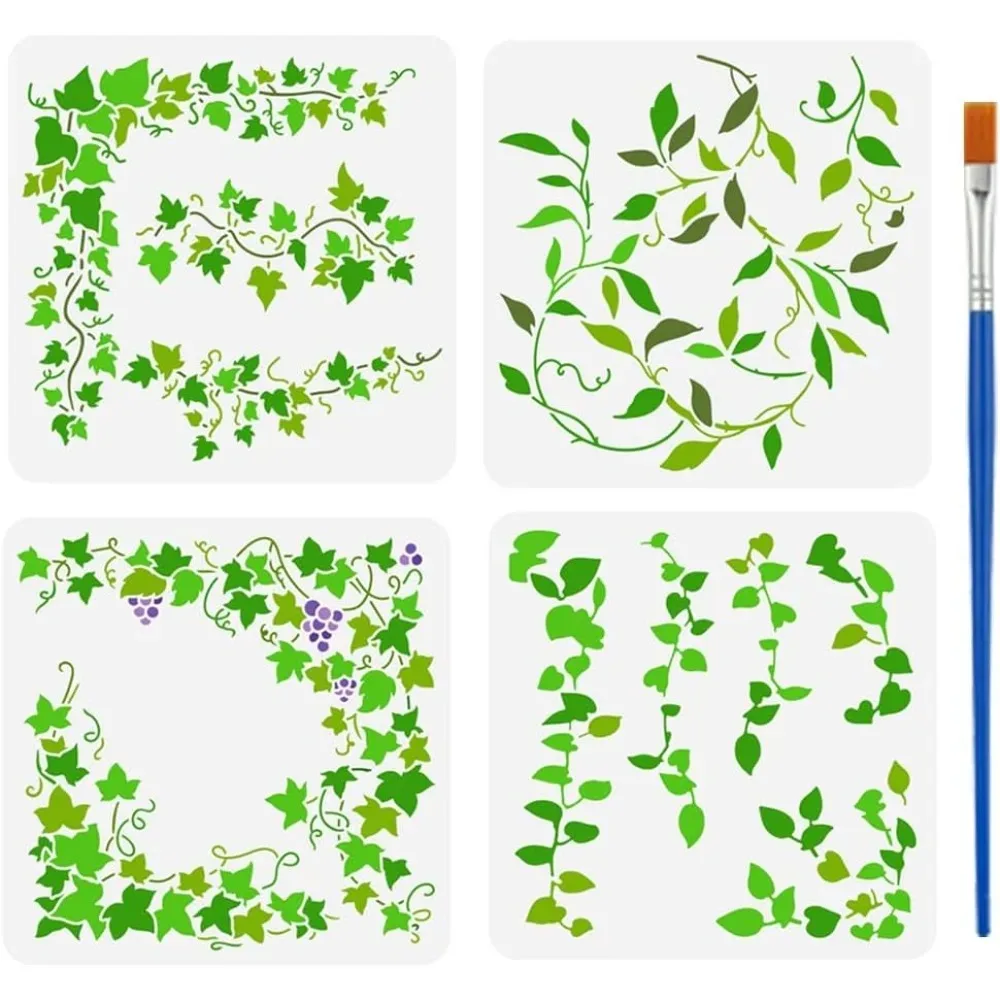 

4 шт. трафареты с лозами плюща 11,8x11,8 дюйма с бамбуковой кистью, многоразовые шаблоны листьев плюща, большие лозы, набор для изготовления узоров в виде листьев