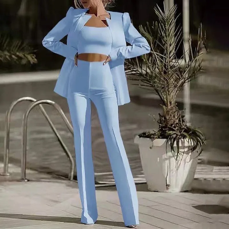 

Fall Suit Three-Piece Set High Waist Straight Leg Pants Short Top Collared Tube Top Women's Casual Sportswear High Waist