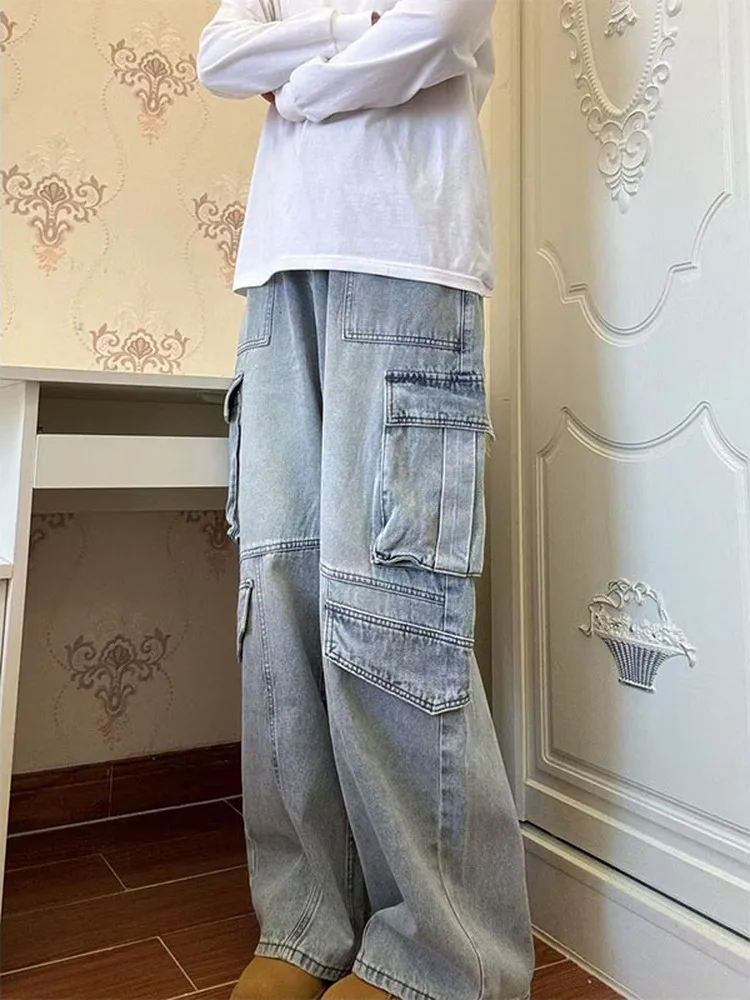 

Retro American Waed Heavy Du Multi ket Work Pants Men Loose Wide Leg Jeans Casual Straight Leg Trousers for Teens