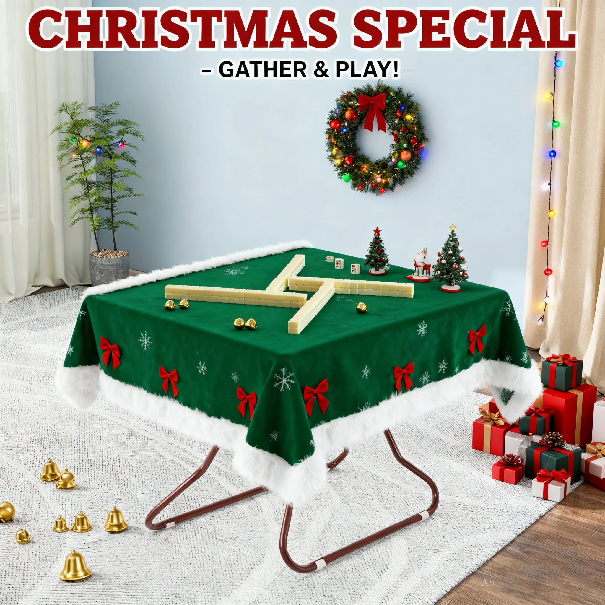 

Foldable Mahjong Table with Cup Holders Large 4-Player Game Table for Poker, Cards & More, Brown & Green, Christmas Party