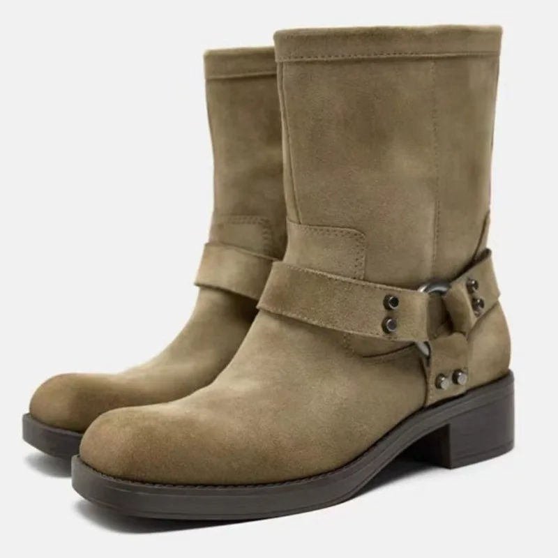 

Cozy Faux Suede Band Ankle Boots Women Luxury Metal Rivet Decorate Designer Boots Fashion Moccasin Biker Boot 2025 Bottes Femmes
