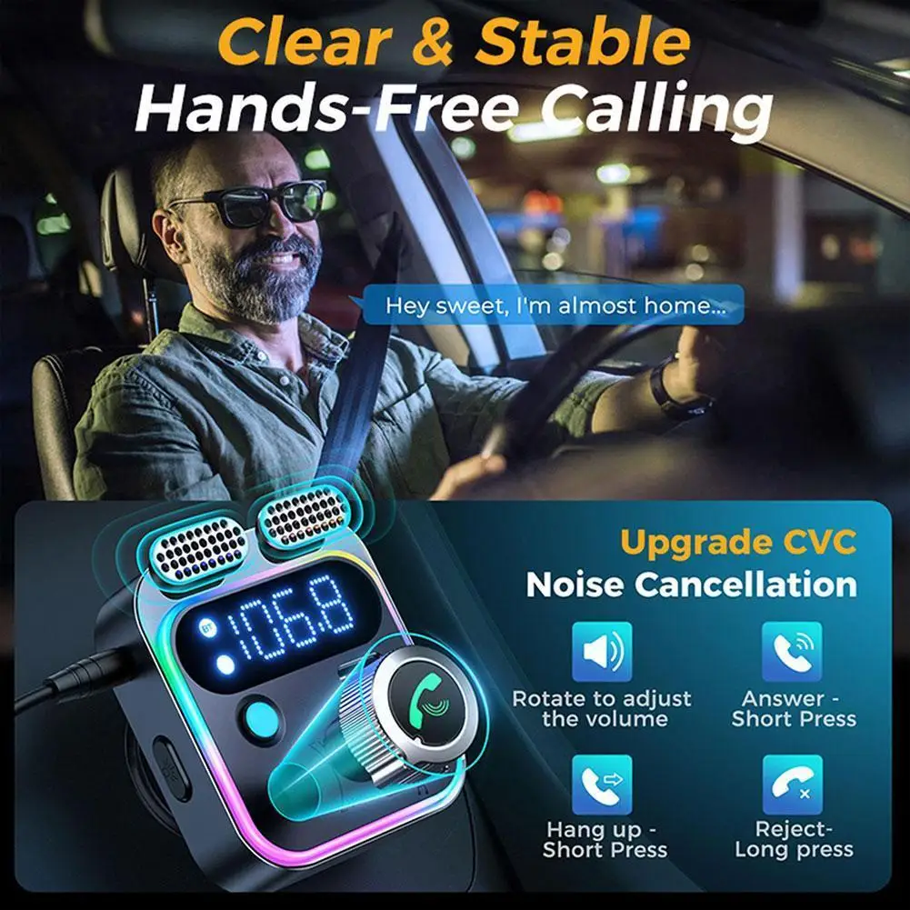 Bluetooth 5.3 FM Transmitter 4 Port USB Car Charger Type-C 48W PD&QC 3.0 Fast Charging Adapter For CarStronger Dual Mics & HiFi