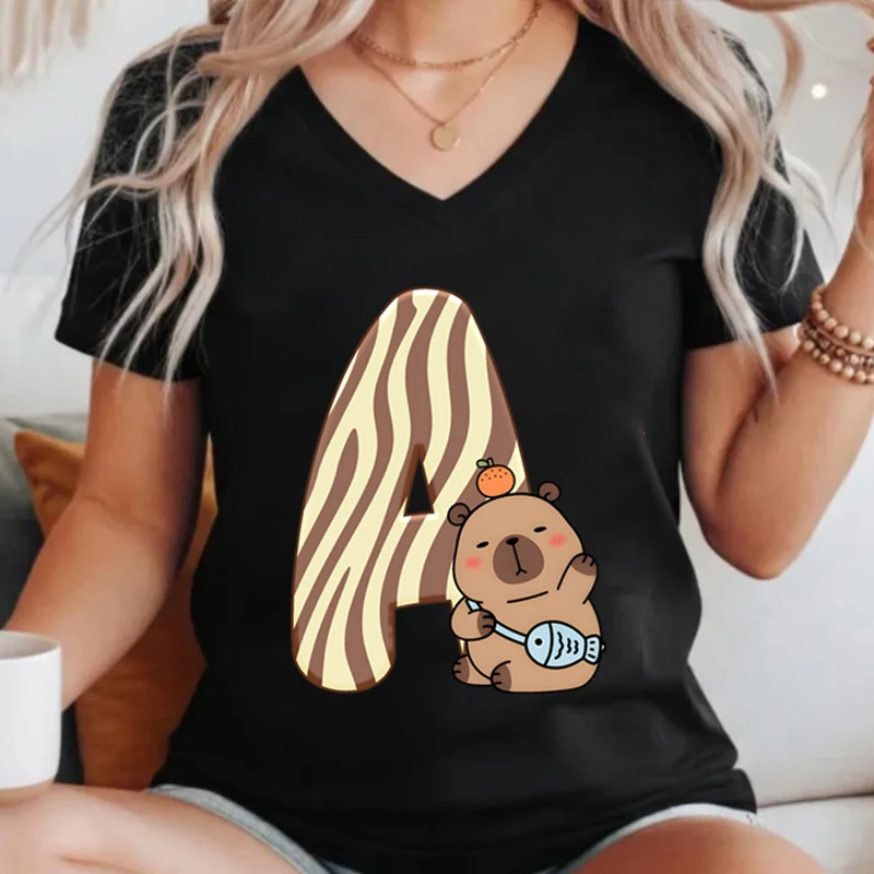 Cartoon Capybara Letter A-Z Print T-Shirt Short Sleeve Fashion Y2K Tops Girls Capybara Lover Gift 26 Alphabet Women's V-neck Tee