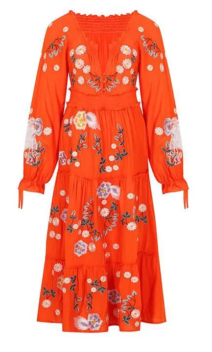 Abito floreale ricamato Boho per donna Robe Casual Abiti slim a vita alta con scollo a V profondo Abiti larghi a maniche lunghe primavera estate