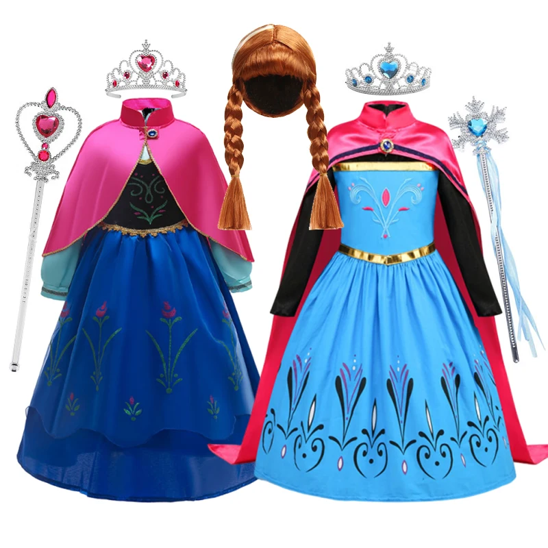 Girls Cosplay Princess Frozen Anna Costume With Cape Pink Dress Disguise Kids Carnival Birthday Party Gown Ball Children Dresses