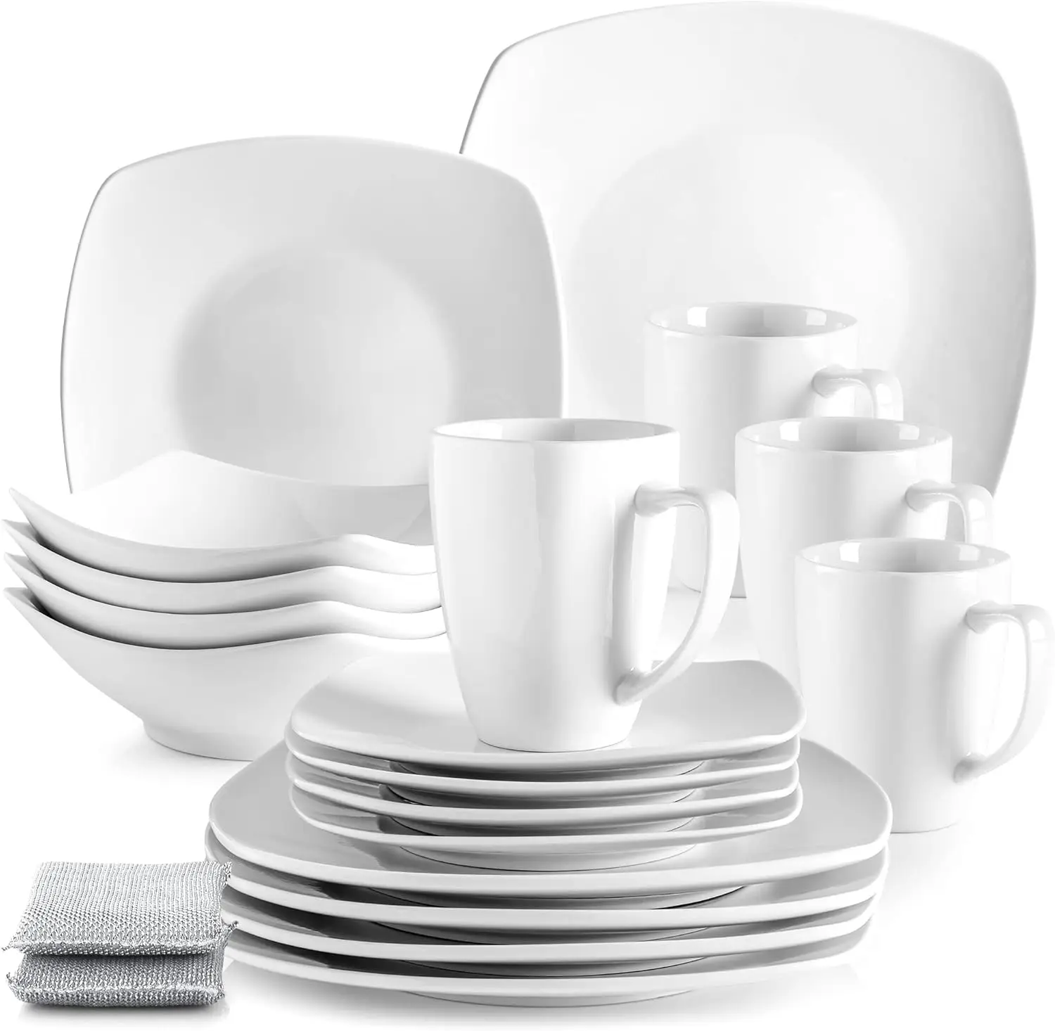 Dishes Set for 4 - Durable 16-Piece Square Dinnerware Sets - Chip & Scratch-Resistant Porcelain Kitchen Plates & Bowls Sets