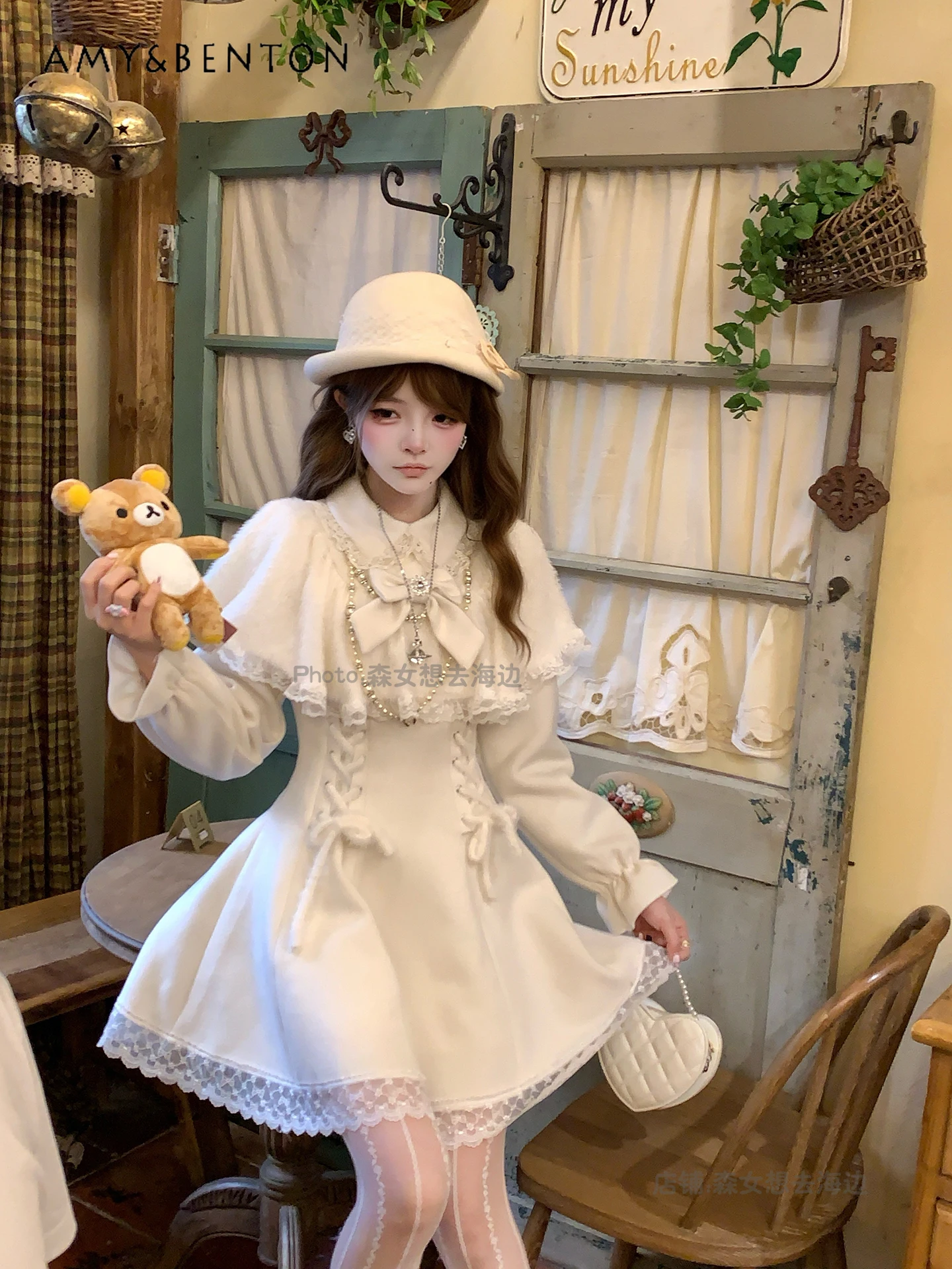 Elegant Gentle Princess Atmosphere Cape Dress Sweet Cute Bow Lace Plush Patchwork Slim Mini Dress for Women Autumn Winter New