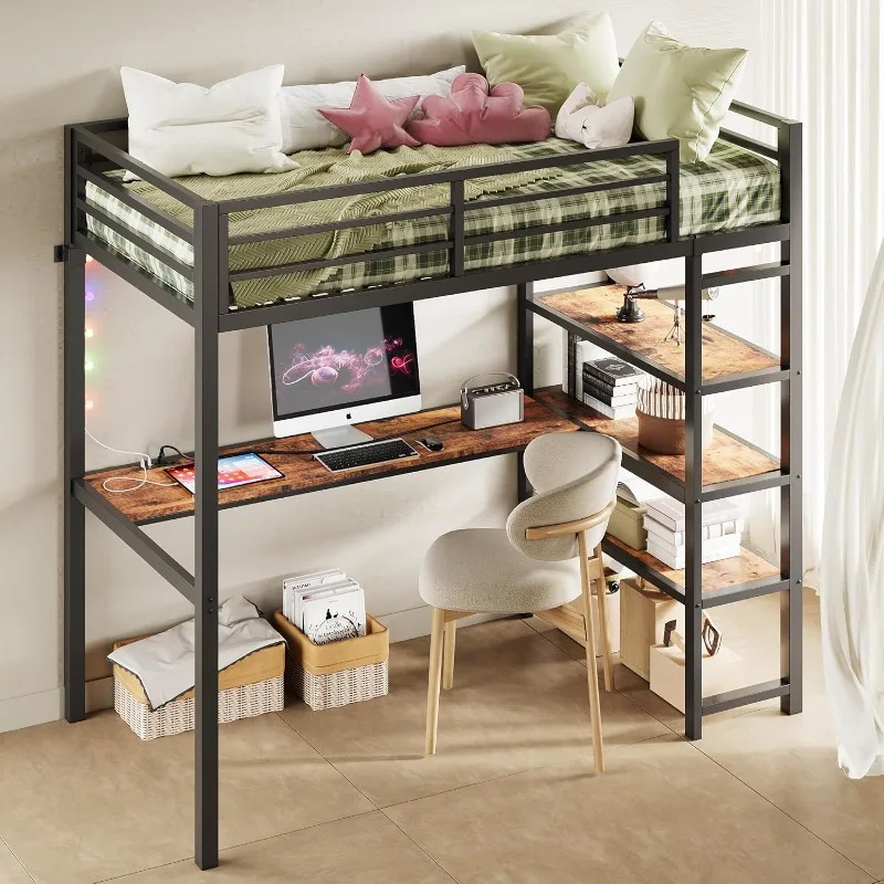 home.Loft Bed Twin Size with L Shaped Desk and Shelves,Power Outlet and LED Lighted, Space-Saving, Noise Free， Brown