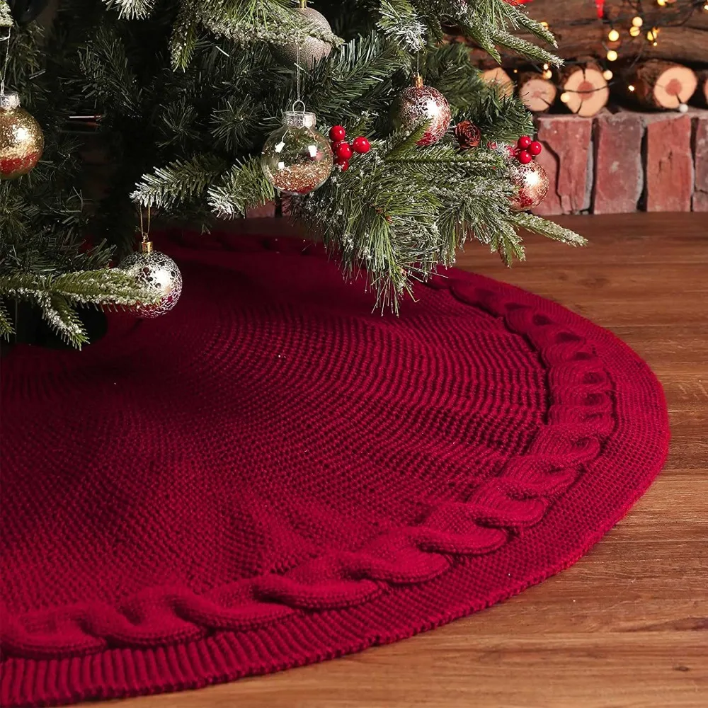 

Household Large Size Knitted Christmas Tree Skirt White/Red Round Xmas Tree Foot Cover Polyester Christmas Tree Carpet Wedding