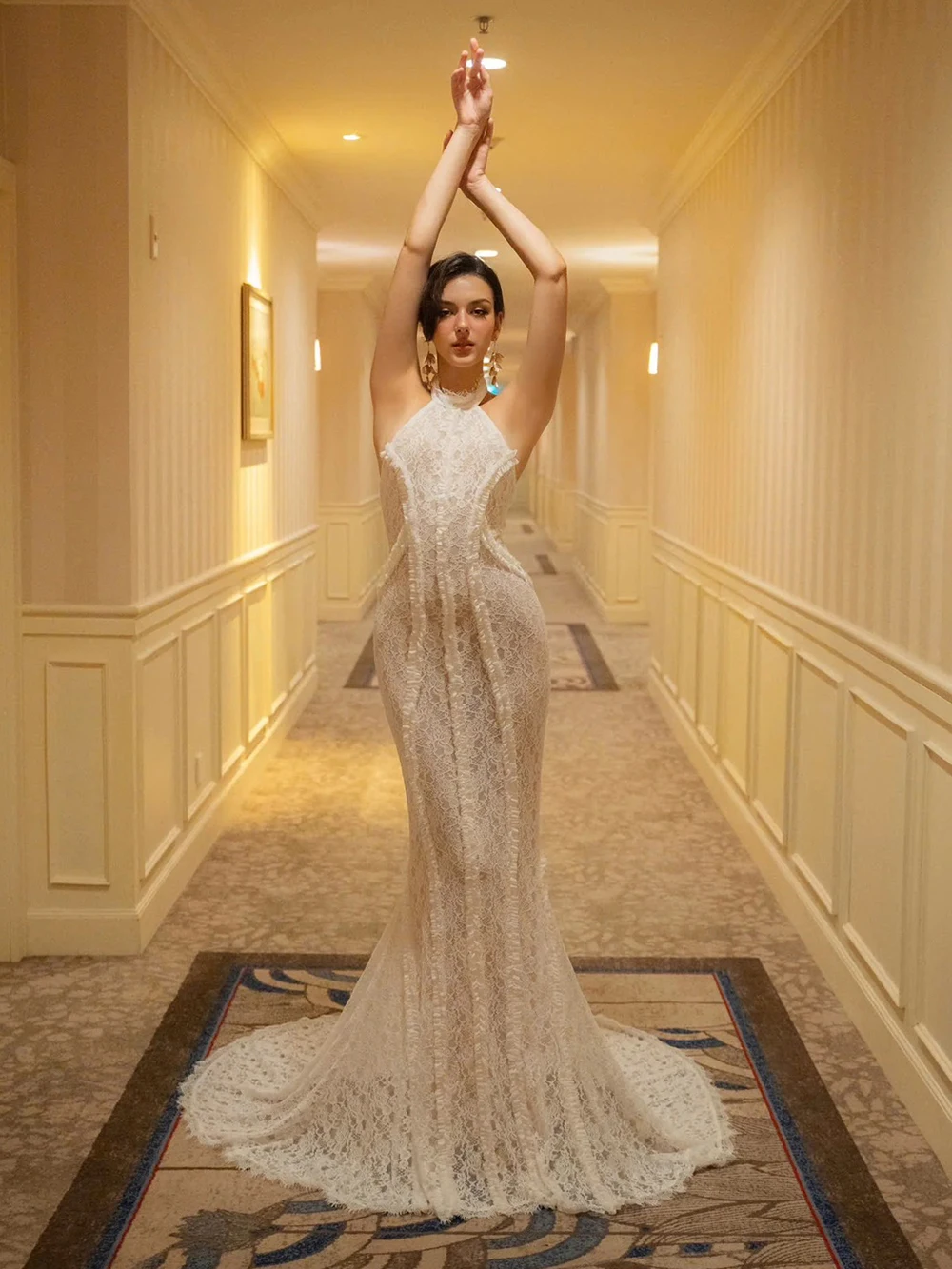 Elegante feminino renda branca magro vestido longo halter sem costas sem mangas maxi vestidos senhora noite vestidos de festa de casamento