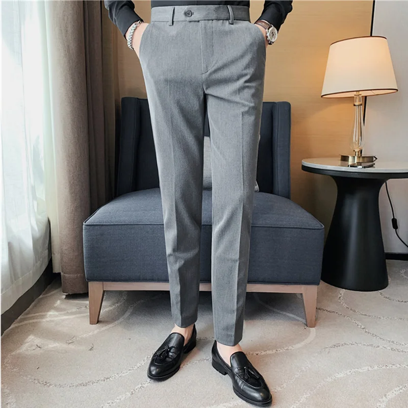 Pantalones formales de negocios bordados para hombre, traje ajustado de alta calidad, color sólido, para boda, Otoño e Invierno