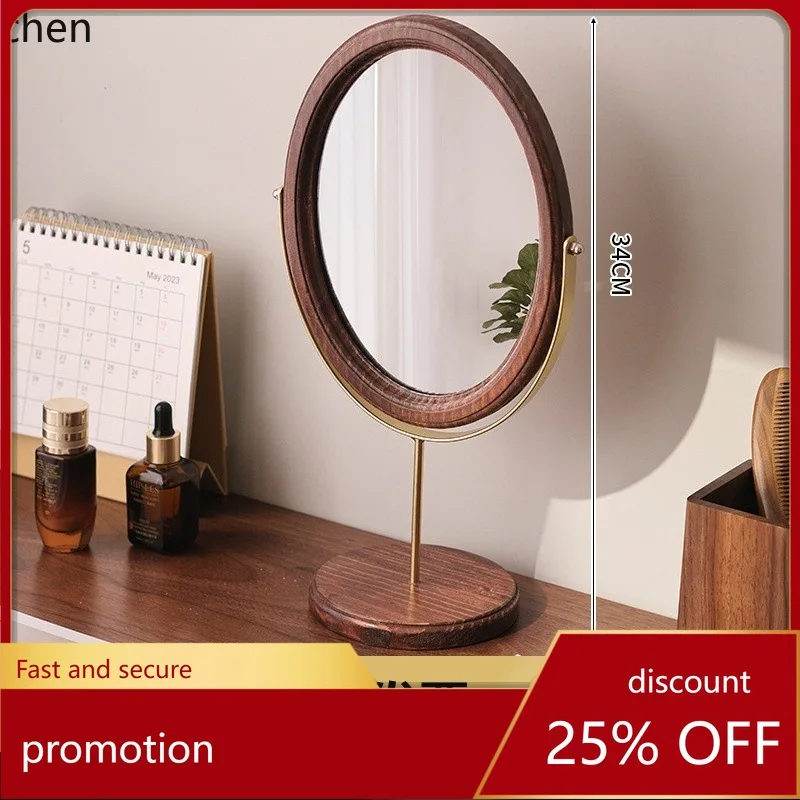 YFY retro solid wood makeup mirror - home desktop standing rotatable dorm vanity mirror - bedroom room tabletop mirror