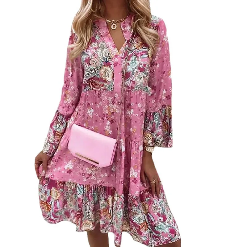 Bohemian Style Flower Printed Dresses For Women Flared Sleeves V-neck Fashion Casual Loose Ladies Dress Vestidos 2023 Autumn New