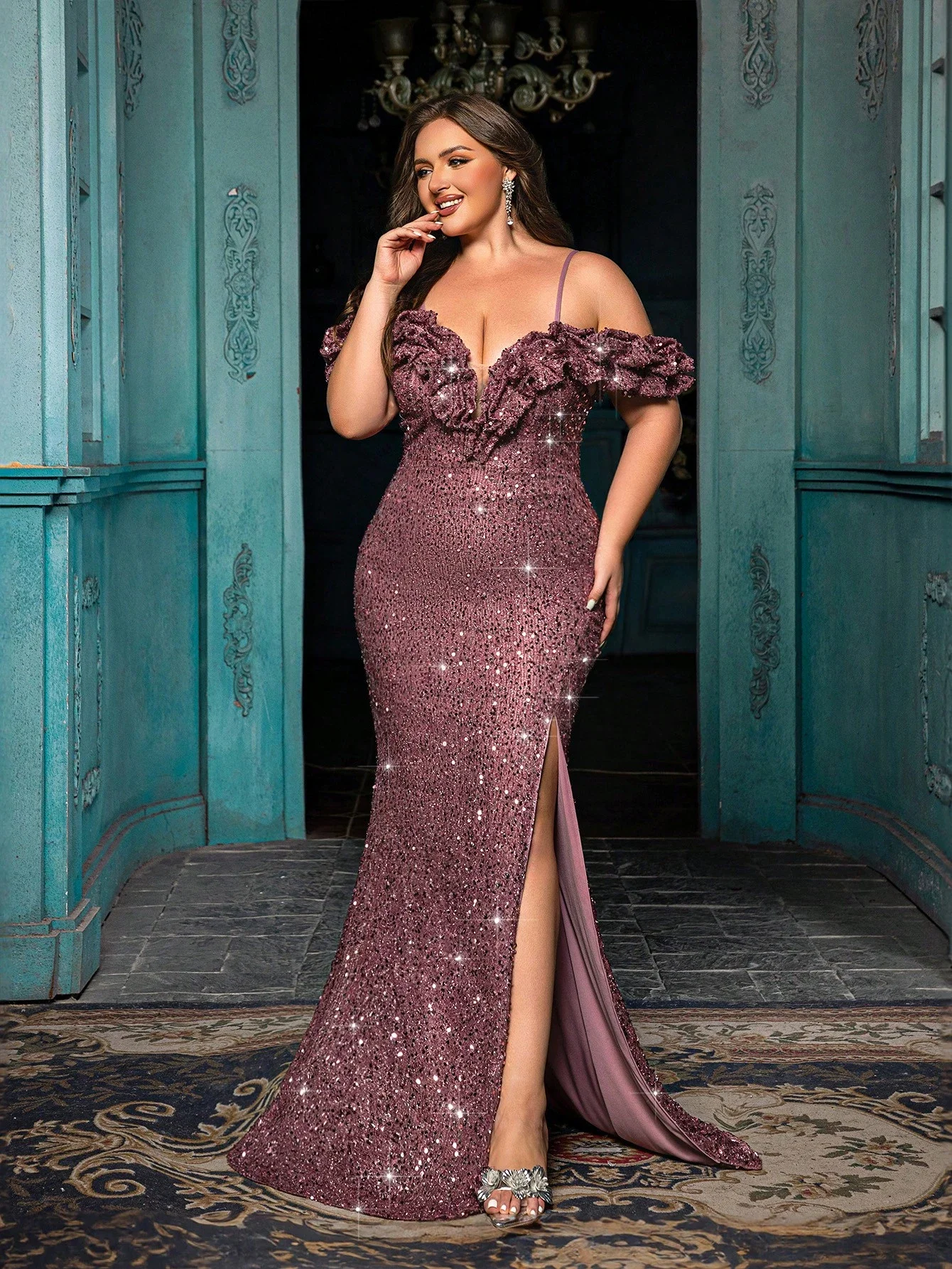 

Элегантное вечернее платье больших размеров с пайетками, женское, для торжественных мероприятий, с высоким разрезом, в пол