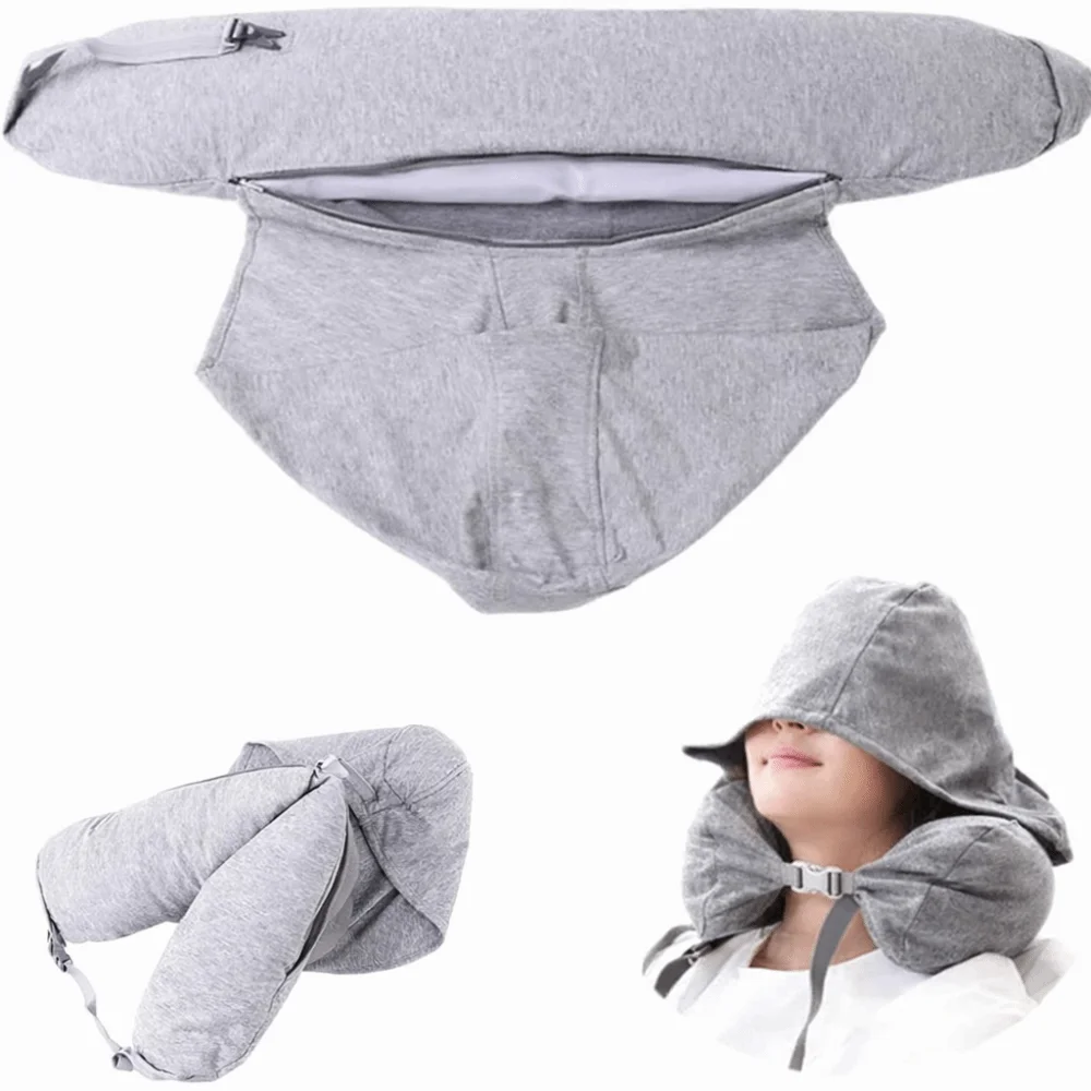 Fillable Travel Neck Pillow Neck Support with Hood Nap Pillow Adjustable Light-blocking Airplane Neck Pillow