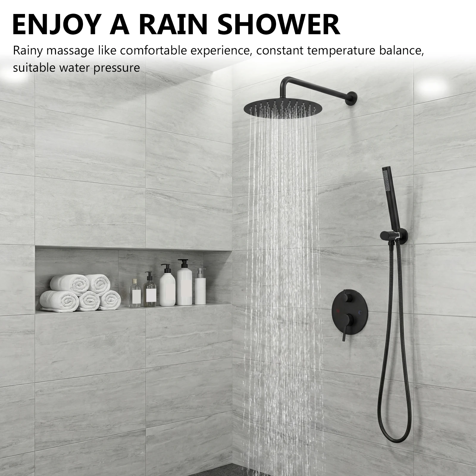 

2-Setting Round Rain Shower System with 10 Inch Showerhead Rain Shower Head and Handle Set with Rough-in Valve for Hard Water