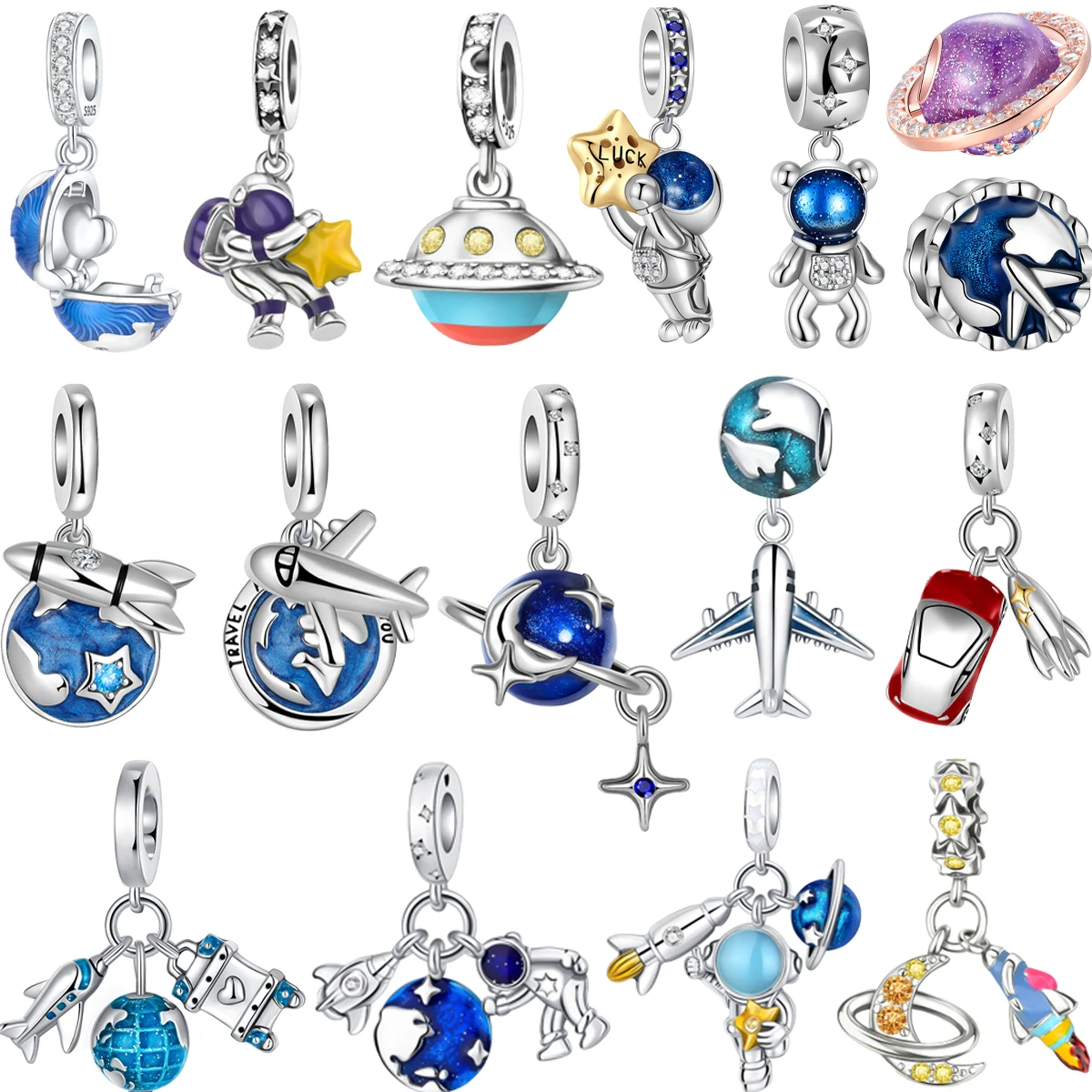 Original 925 Sterling Silver Charms Astronaut Rocket Planet UFO Earth Beads Pendants Fit Bracelet Necklace DIY Jewelry Gift