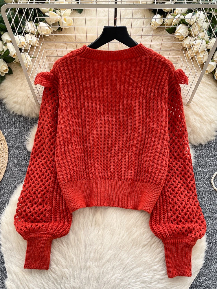 Ladies' Lazy Hollow out Long Sve Knitted Sweater Base Layer Top Korean Sle Commute Faion Autumn Season  Color
