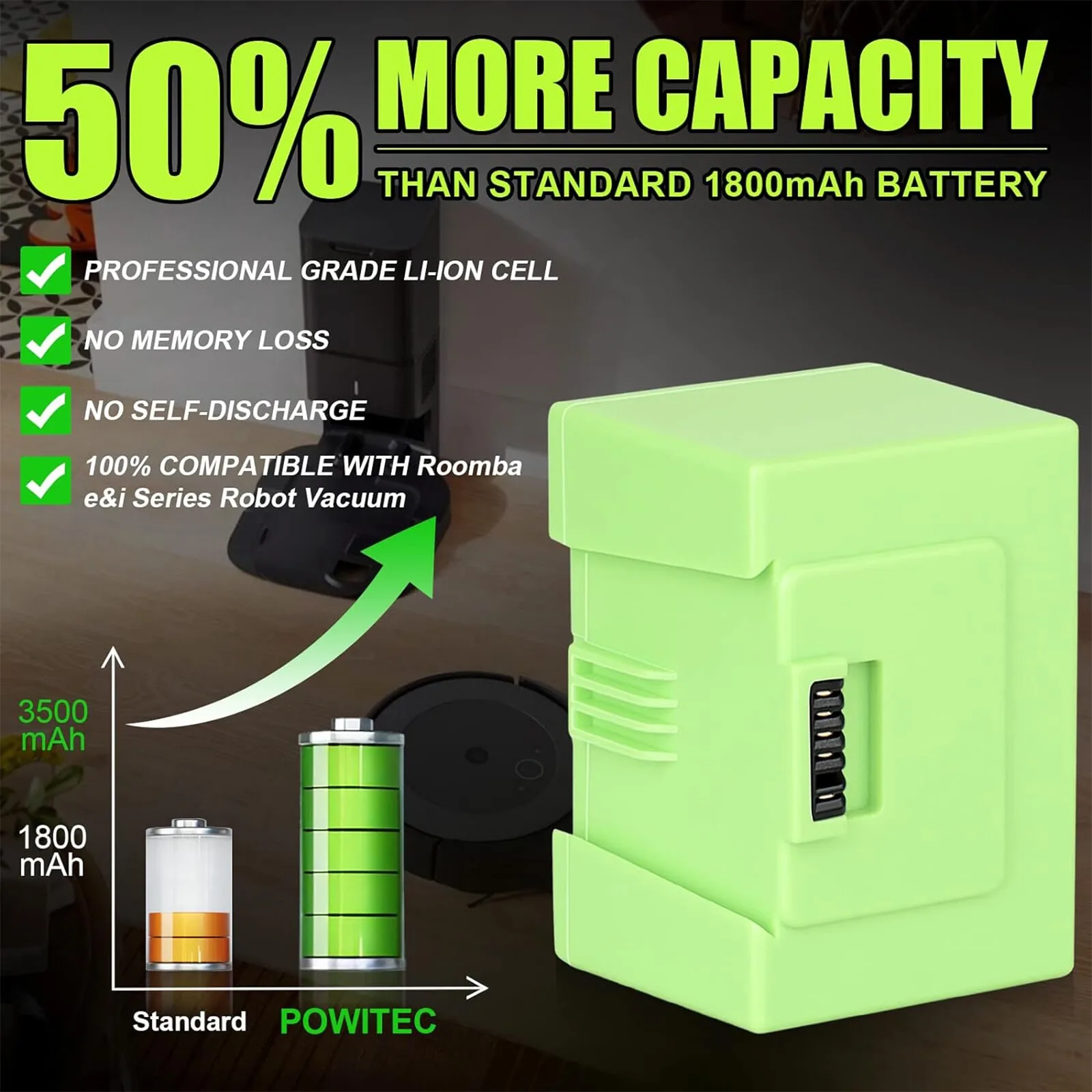 

High Capacity 3500mAh 14.4V Li-ion Replacement Battery for iRobot Roomba i7 i7+ i4 i4+ i3 i3+ e5 e6 Robot Vacuum Cleaner