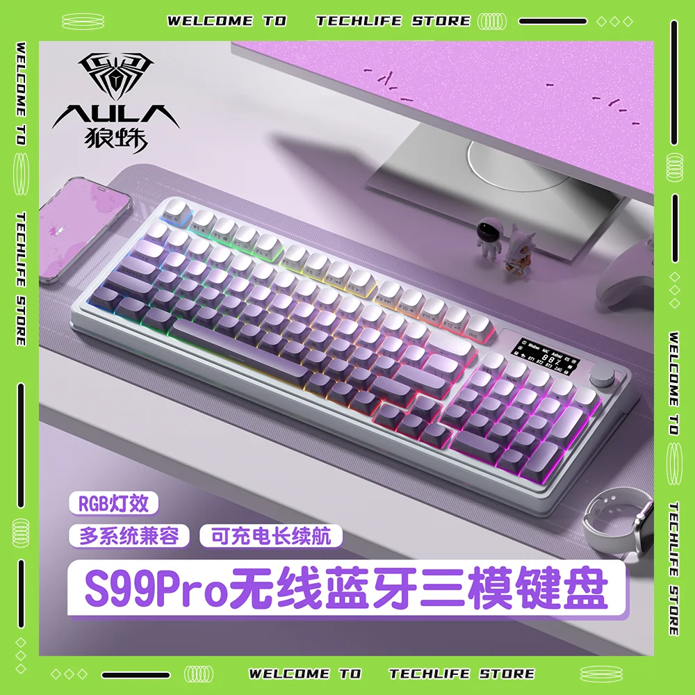 

AULA S99 Механическая клавиатура Bluetooth с возможностью горячей замены, беспроводная, с тройным режимом, 2,4G, RGB, прокладка, крепление, пользовательская игровая клавиатура для ПК