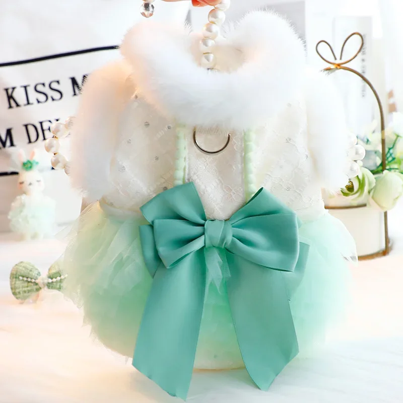 Dog Clothes Autumn and Winter Clothing Thick Cat Princess Dress Light Green Lace Fur Collar Traction Small Dog Teddy Pet