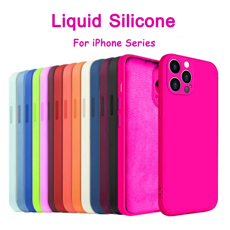 Original Square Liquid Silicone Case For iPhone 16 15 14 13 11 12 Pro Max X XS Max XR 7 8Plus SE Soft Shockpoof Pink Cover funda