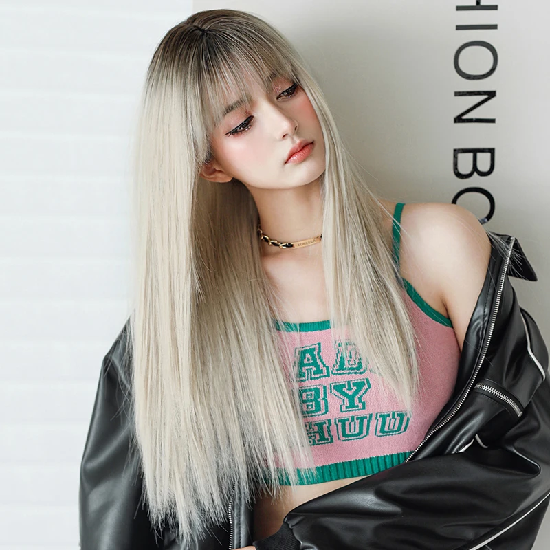 7JHH WIGS Costume Wig Synthetic Long Straight Ombre Blonde Wigs with Dark Roots High Density Ash White Wig for Women Cosplay Wig